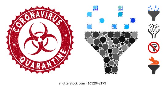 Mosaic data filter icon and grunge stamp seal with Coronavirus Quarantine text and biohazard symbol. Mosaic vector is formed with data filter icon and with randomized circle items.