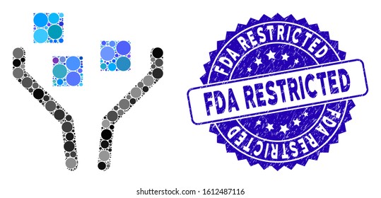 Mosaic data filtering icon and grunge stamp seal with FDA Restricted text. Mosaic vector is composed with data filtering icon and with scattered spheric spots. FDA Restricted stamp uses blue color,