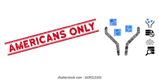 Mosaic data filtering icon and red Americans Only seal stamp between double parallel lines. Flat vector data filtering mosaic pictogram of randomized rotated rectangular elements.