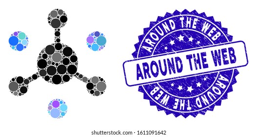 Mosaic data network icon and corroded stamp seal with Around the Web caption. Mosaic vector is created with data network icon and with random circle items. Around the Web stamp uses blue color,