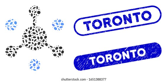 Mosaic data network and rubber stamp seals with Toronto caption. Mosaic vector data network is designed with scattered ellipse items. Toronto stamp seals use blue color,