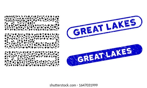 Mosaic data storage and rubber stamp seals with Great Lakes caption. Mosaic vector data storage is designed with randomized oval parts. Great Lakes stamp seals use blue color,