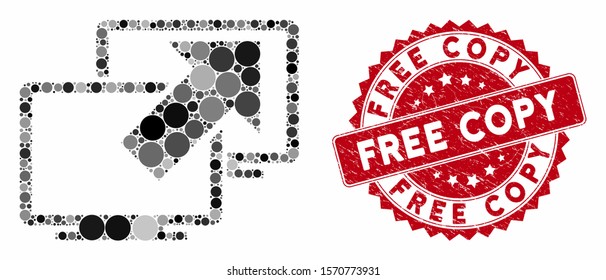 Mosaic data transfer and grunge stamp seal with Free Copy phrase. Mosaic vector is designed with data transfer icon and with scattered circle spots. Free Copy stamp seal uses red color,