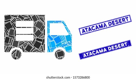 Mosaic data transfer van icon and rectangular Atacama Desert stamps. Flat vector data transfer van mosaic icon of random rotated rectangular items. Blue Atacama Desert stamps with grunge texture.