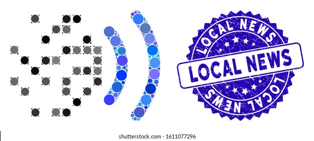 Mosaic data transmission icon and grunge stamp watermark with Local News caption. Mosaic vector is composed with data transmission icon and with scattered circle elements.