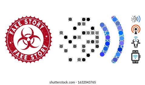 Mosaic data transmission icon and grunge stamp seal with Fake Story text and biohazard symbol. Mosaic vector is designed with data transmission icon and with randomized circle spots.