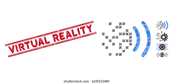 Mosaic data transmission icon and red Virtual Reality seal stamp between double parallel lines. Flat vector data transmission mosaic icon of random rotated rectangle elements.