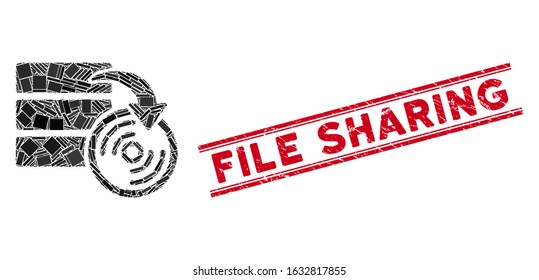 Mosaic database backup pictogram and red File Sharing seal stamp between double parallel lines. Flat vector database backup mosaic pictogram of random rotated rectangular items.