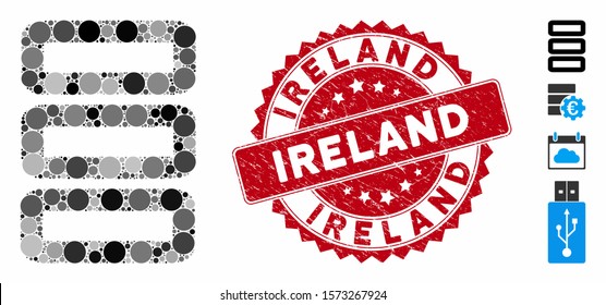 Mosaic database icon and grunge stamp watermark with Ireland caption. Mosaic vector is composed with database icon and with scattered spheric items. Ireland seal uses red color, and grunge surface.
