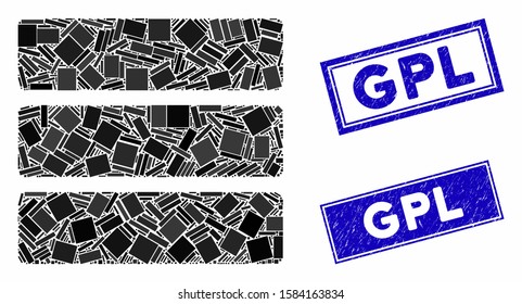 Mosaic database icon and rectangle GPL stamps. Flat vector database mosaic icon of scattered rotated rectangle items. Blue GPL rubber stamps with distress surface.