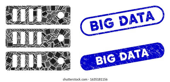 Mosaic database server and distressed stamp seals with Big Data phrase. Mosaic vector database server is created with randomized rectangle items. Big Data seals use blue color,