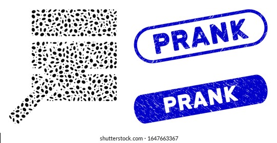 Mosaic database wizard and rubber stamp seals with Prank caption. Mosaic vector database wizard is composed with random oval pieces. Prank stamp seals use blue color, and have round rectangle shape.