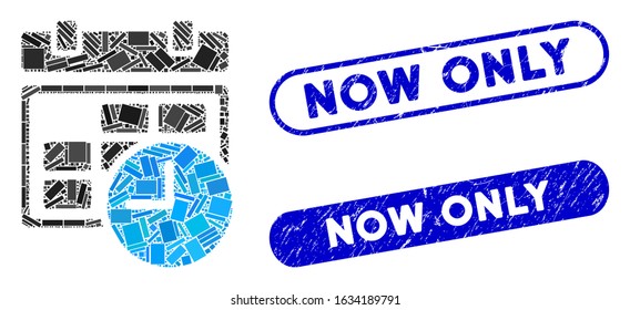 Mosaic date and time and distressed stamp seals with Now Only phrase. Mosaic vector date and time is formed with randomized rectangles. Now Only stamp seals use blue color,