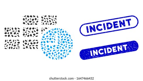 Mosaic date time and grunge stamp watermarks with Incident phrase. Mosaic vector date time is formed with random ellipse dots. Incident stamp seals use blue color, and have round rectangle shape.