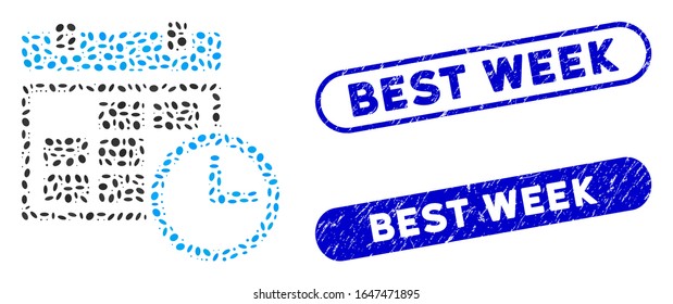 Marcas de agua de fecha y hora mosaico y estampado con texto de la Semana Mejor. La fecha y hora del vector mosaico se compone de puntos ovales aleatorizados. Los sellos de sello de la Semana Mejor utilizan color azul,