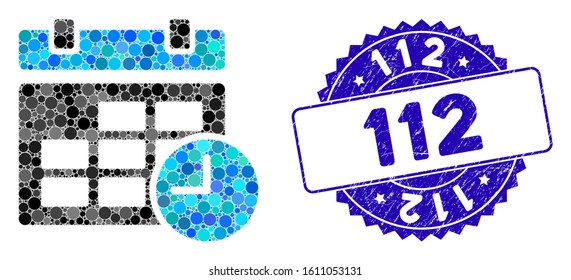 Mosaic date and time icon and corroded stamp seal with 112 phrase. Mosaic vector is formed from date and time icon and with scattered spheric elements. 112 stamp seal uses blue color,