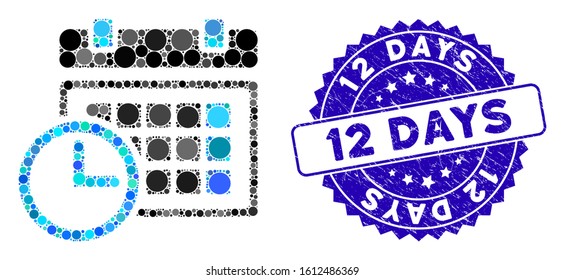 Mosaic date and time icon and distressed stamp seal with 12 Days text. Mosaic vector is composed with date and time icon and with randomized circle elements. 12 Days stamp seal uses blue color,
