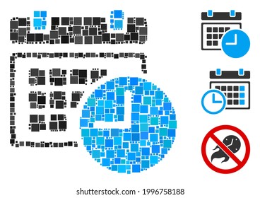 Mosaik Datum und Uhrzeit Symbol aus quadratischen Elementen in verschiedenen Größen und Farbtönen. Vektorquadratische Teile sind in abstrakte Illustrationssymbole mit Datum und Uhrzeit unterteilt. Bonussymbole werden hinzugefügt.