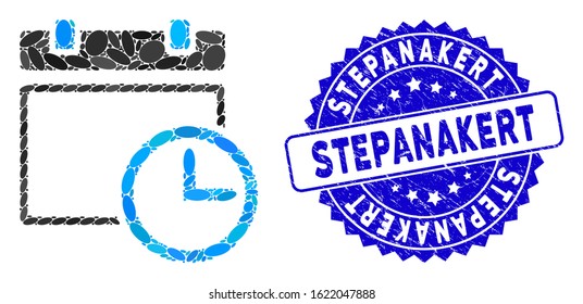 Mosaic date and time icon and rubber stamp seal with Stepanakert caption. Mosaic vector is designed with date and time pictogram and with randomized ellipse elements. Stepanakert seal uses blue color,