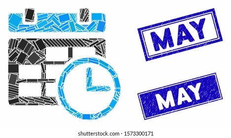 Mosaic date and time pictogram and rectangular May seal stamps. Flat vector date and time mosaic icon of random rotated rectangular elements. Blue May seal stamps with grunged textures.