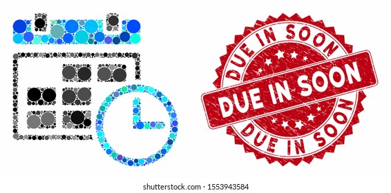 Mosaic date and time and rubber stamp seal with Due in Soon phrase. Mosaic vector is designed with date and time icon and with randomized spheric elements. Due in Soon stamp uses red color,