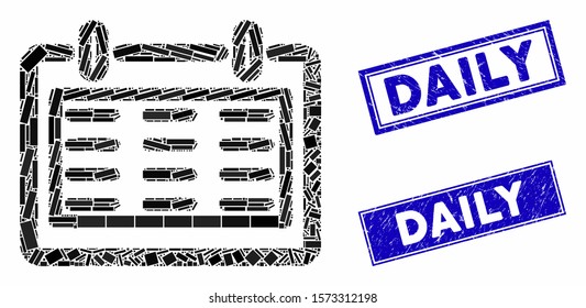 Mosaic day notebook pictogram and rectangular Daily rubber prints. Flat vector day notebook mosaic pictogram of random rotated rectangular elements. Blue Daily rubber stamps with distress surface.