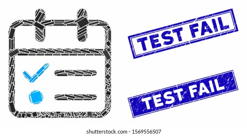 Mosaic day tasklist pictogram and rectangle stamps. Flat vector day tasklist mosaic pictogram of scattered rotated rectangle elements. Blue caption stamps with grunged surface.