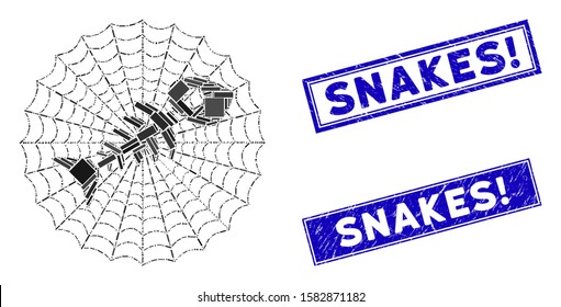 Mosaic dead fish net icon and rectangular Snakes! stamps. Flat vector dead fish net mosaic icon of scattered rotated rectangle elements. Blue Snakes! rubber stamps with grunge surface.