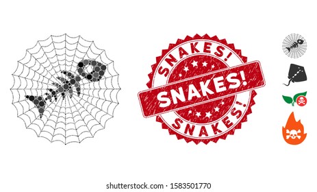 Mosaic dead fish net icon and corroded stamp seal with Snakes! phrase. Mosaic vector is composed with dead fish net pictogram and with randomized circle items. Snakes! stamp seal uses red color,