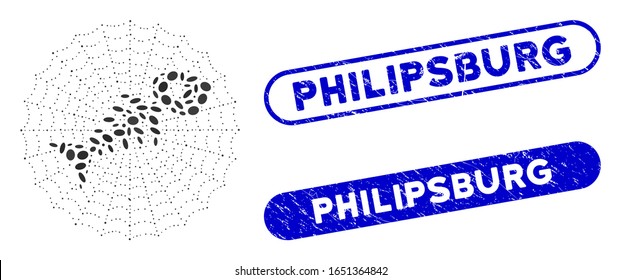 Mosaic dead fish net and rubber stamp seals with Philipsburg text. Mosaic vector dead fish net is composed with random oval items. Philipsburg stamp seals use blue color,