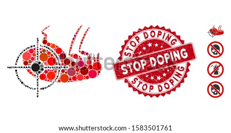 Mosaic dead flea icon and corroded stamp watermark with Stop Doping caption. Mosaic vector is created with dead flea icon and with random circle spots. Stop Doping stamp uses red color,
