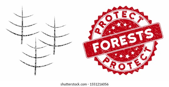 Mosaic dead forest and distressed stamp seal with Protect Forests caption. Mosaic vector is composed from dead forest icon and with random circle spots. Protect Forests stamp seal uses red color,