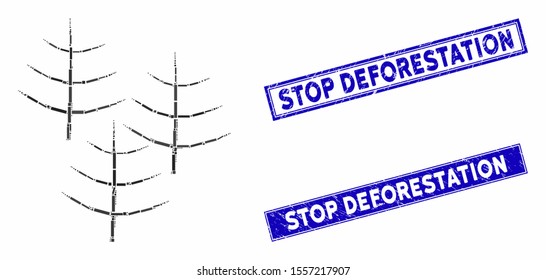 Mosaic dead forest pictogram and rectangular seals. Flat vector dead forest mosaic pictogram of scattered rotated rectangular elements. Blue caption rubber seals with scratched textures.
