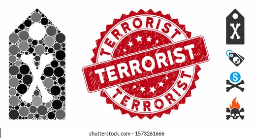 Mosaic dead marker icon and grunge stamp seal with Terrorist text. Mosaic vector is composed with dead marker pictogram and with randomized round spots. Terrorist stamp uses red color,