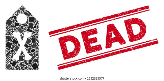 Mosaic dead marker pictogram and red Dead seal stamp between double parallel lines. Flat vector dead marker mosaic pictogram of scattered rotated rectangular elements.