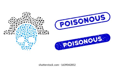 Mosaic dead tools and corroded stamp seals with Poisonous phrase. Mosaic vector dead tools is composed with scattered elliptic elements. Poisonous stamp seals use blue color,