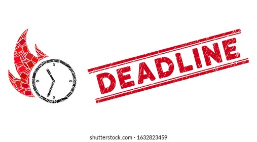 Mosaic deadline burn clock icon and red Deadline seal stamp between double parallel lines. Flat vector deadline burn clock mosaic icon of random rotated rectangle elements.