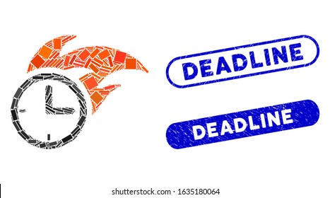 Mosaic deadline fired clock and grunge stamp watermarks with Deadline text. Mosaic vector deadline fired clock is designed with randomized rectangle items. Deadline stamp seals use blue color,