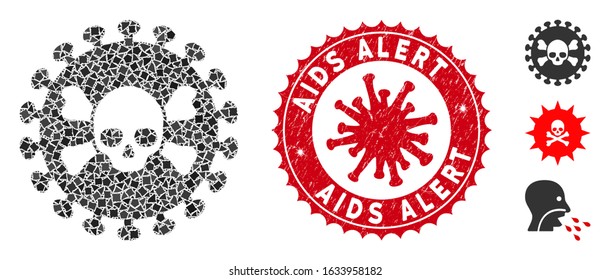Mosaic deadly virus icon and red round grunge stamp watermark with AIDS Alert phrase and coronavirus symbol. Mosaic vector is created with deadly virus icon and with randomizedabrupt parts.