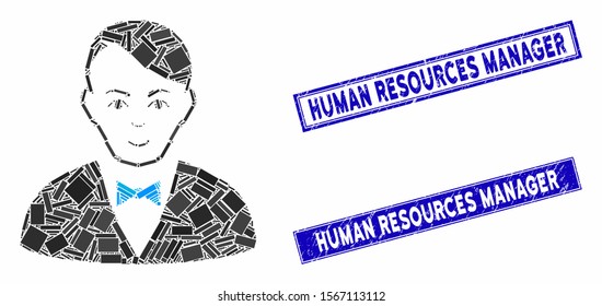 Mosaic dealer icon and rectangle seal stamps. Flat vector dealer mosaic icon of random rotated rectangle elements. Blue caption rubber seals with scratched textures.