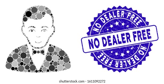 Mosaic dealer icon and rubber stamp seal with No Dealer Free phrase. Mosaic vector is formed from dealer icon and with scattered round spots. No Dealer Free stamp seal uses blue color,