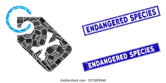 Mosaic death bones tag icon and rectangle Endangered Species seals. Flat vector death bones tag mosaic icon of randomized rotated rectangle items.