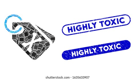 Mosaic death bones tags and corroded stamp seals with Highly Toxic phrase. Mosaic vector death bones tags is composed with random rectangle items. Highly Toxic stamp seals use blue color,