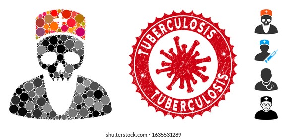 Mosaic death doctor icon and red round distressed stamp seal with Tuberculosis caption and coronavirus symbol. Mosaic vector is formed with death doctor icon and with randomized round items.