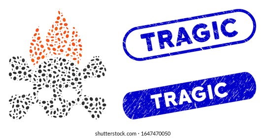 Mosaic death fire and distressed stamp seals with Tragic caption. Mosaic vector death fire is created with scattered ellipse dots. Tragic stamp seals use blue color, and have round rectangle shape.