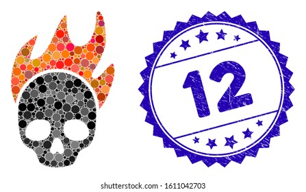 Mosaic death fire icon and corroded stamp seal with 12 phrase. Mosaic vector is designed from death fire icon and with randomized round elements. 12 seal uses blue color, and rubber design.