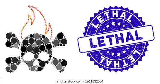 Mosaic death fire icon and grunge stamp watermark with Lethal caption. Mosaic vector is composed with death fire icon and with randomized circle elements. Lethal stamp seal uses blue color,