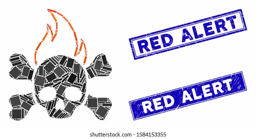 Mosaic death fire icon and rectangular Red Alert seals. Flat vector death fire mosaic icon of scattered rotated rectangular items. Blue Red Alert seal stamps with rubber textures.