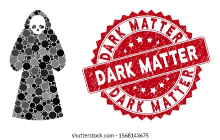 Mosaic death hood man and grunge stamp seal with Dark Matter phrase. Mosaic vector is designed with death hood man icon and with random circle elements. Dark Matter stamp seal uses red color,