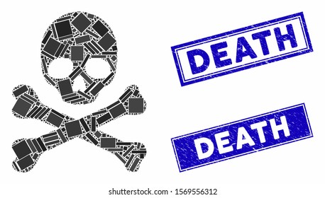 Mosaic death icon and rectangular seal stamps. Flat vector death mosaic pictogram of randomized rotated rectangular items. Blue caption seal stamps with scratched textures.